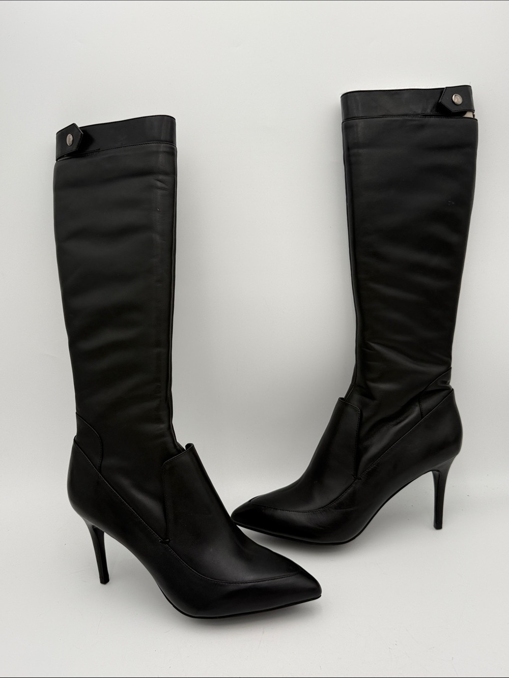 SoleMani Women Black Knee-High Pointed Toe Heeled Boots 10 Y2K goth leather lux